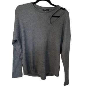 Express Women's Long Sleeve Gray Shoulder Cut-Out Waffle Knit Sweater Sz XS GUC